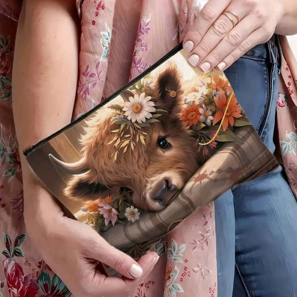 Floral Cow Canvas Print Makeup Bag Accessories Zipper Pouch Purse